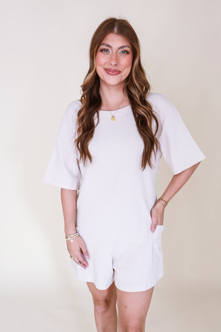 2-Way V or Scoop Neck Romper - Sand Beige