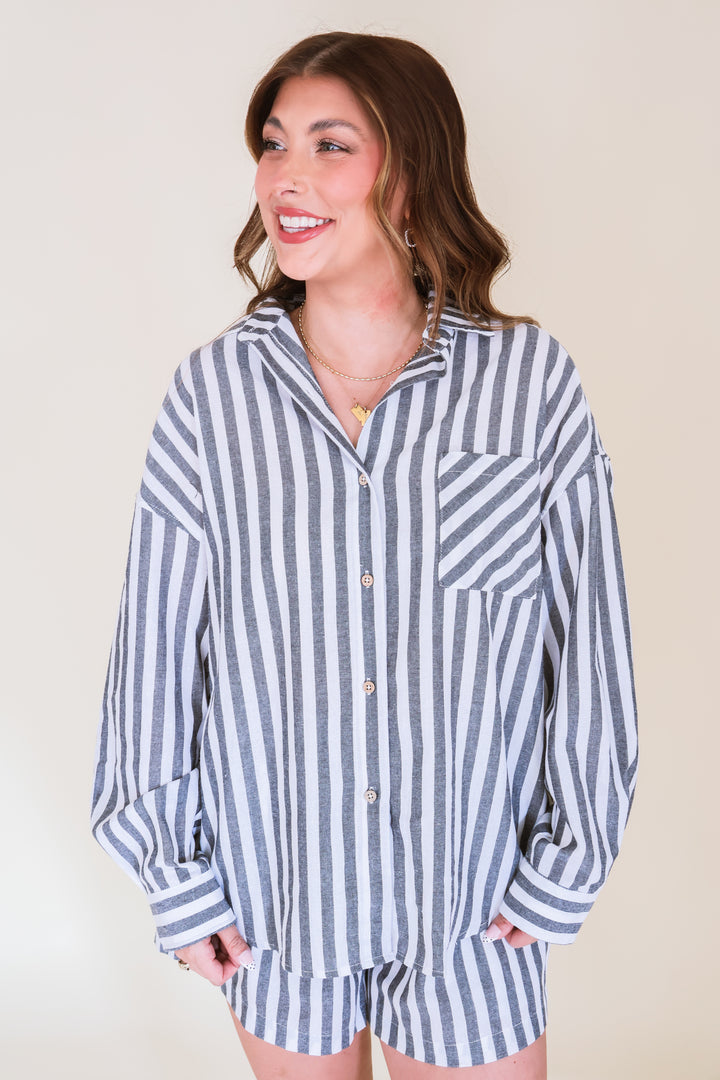 Striped Button Down Linen Shirt - Black