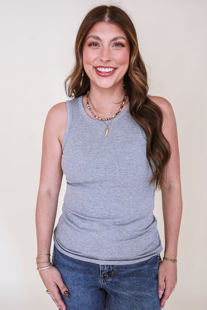 Micro Ribbed Built-in Bra Tank - Heather Grey