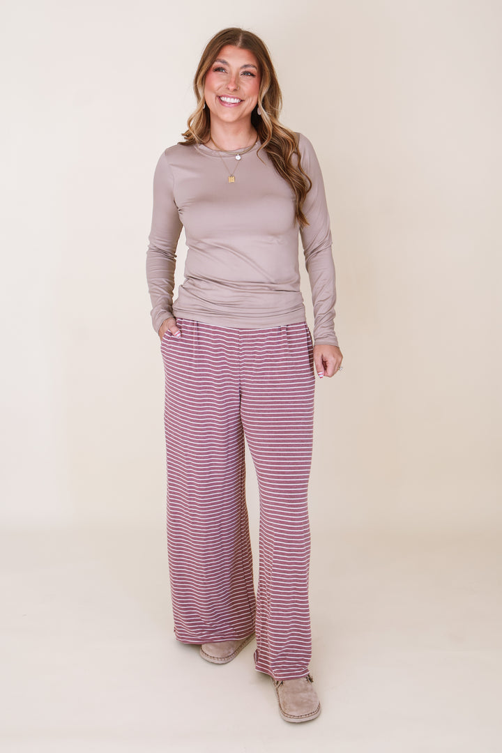 Stripe Elastic Waist Pants - Burgundy