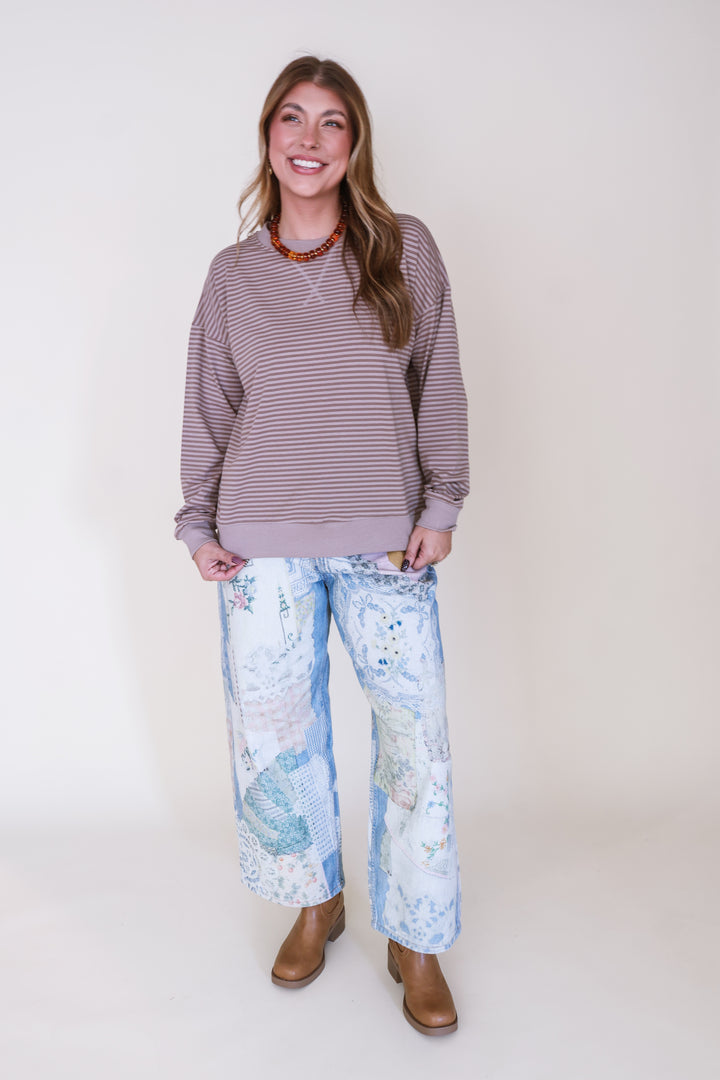 Striped Rib Banded Pullover - Mocha