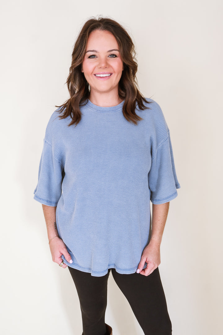 Mineral Wash Waffle Top - Dusty Blue