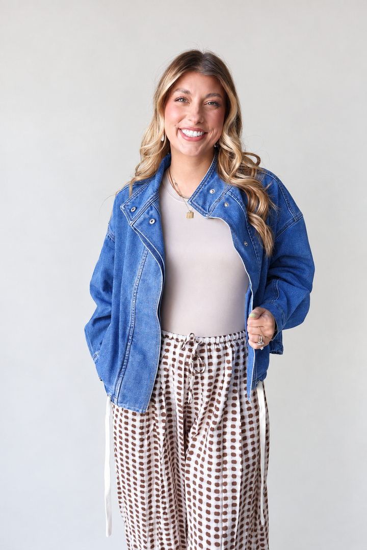 Boxy Oversized Funnel Neck Denim Jacket - Med Wash