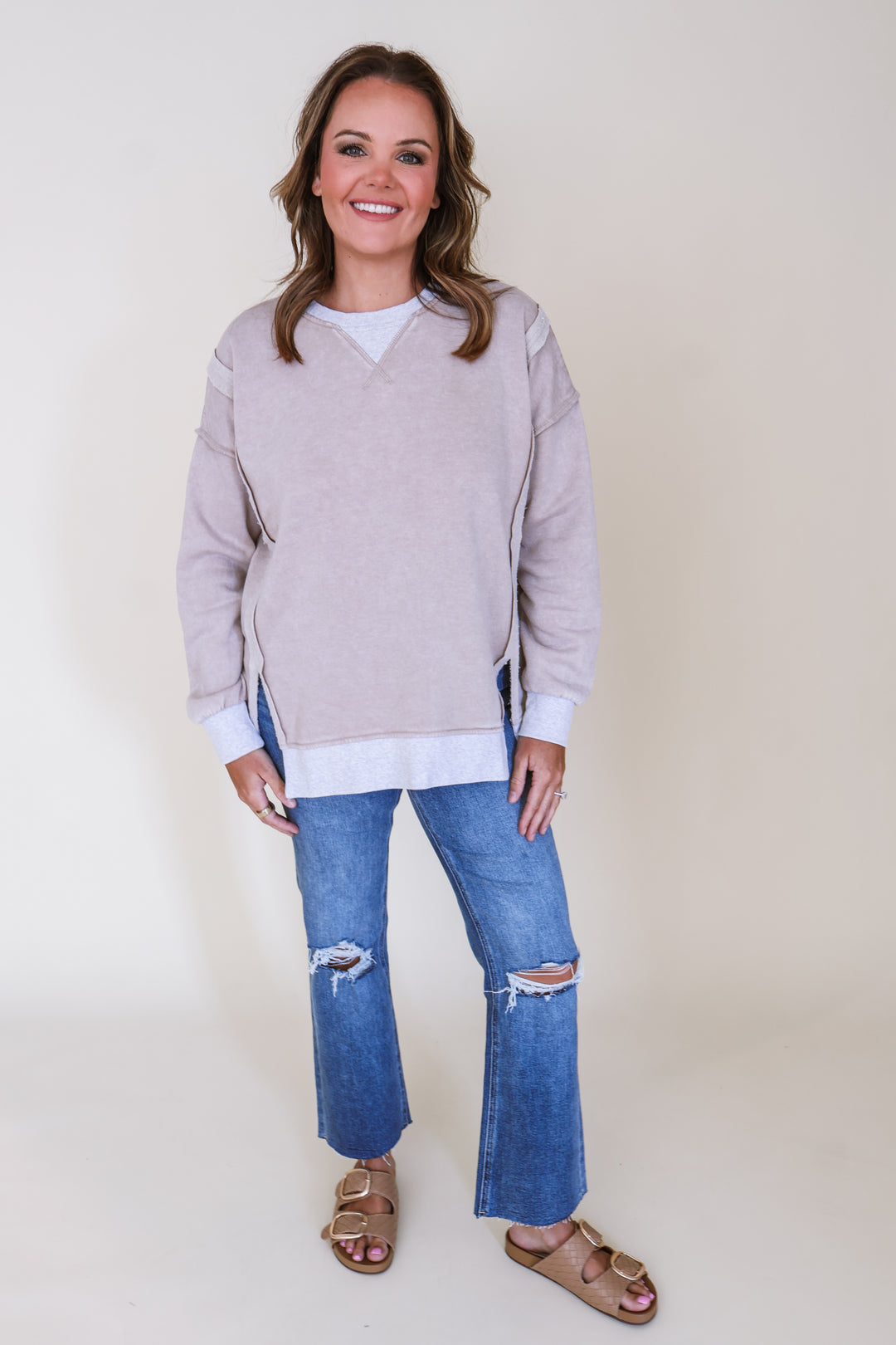 Fleece Acid Washed Contrast Trim Pullover - Mocha