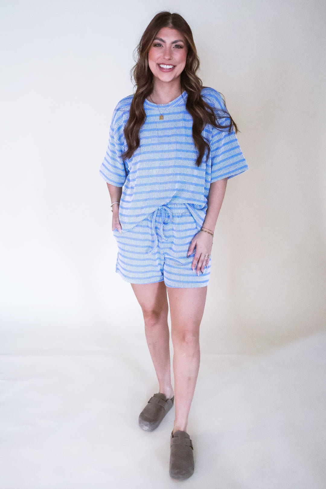 Raised Rib Striped Tee & Shorts Set - Blue