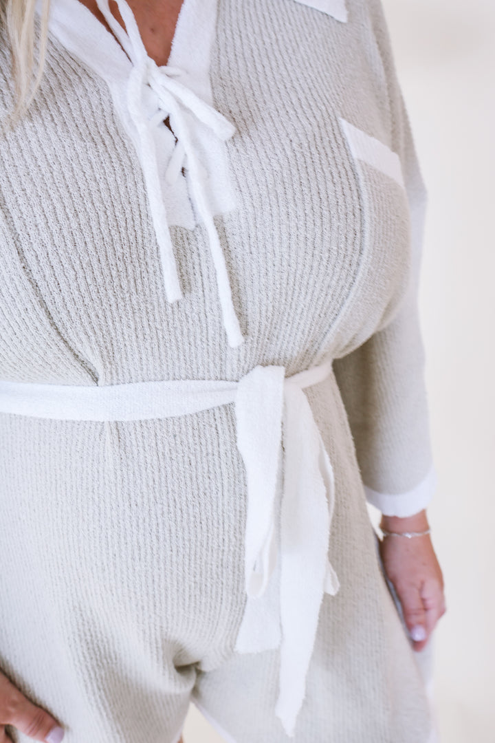 Knit V-neck Romper - Beige