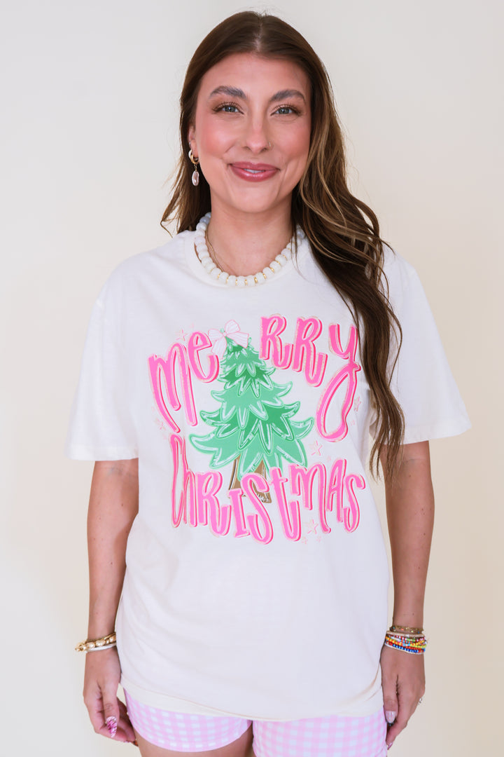 Pink Merry Christmas Tee – Natural