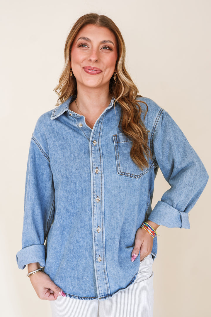 Denim Button Down Oversized Shirt – Light Wash