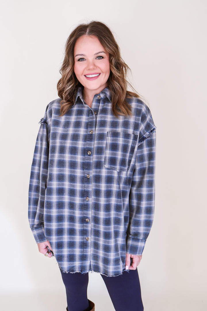 Oversized Raw-Edge Plaid Flannel - Retro Blue