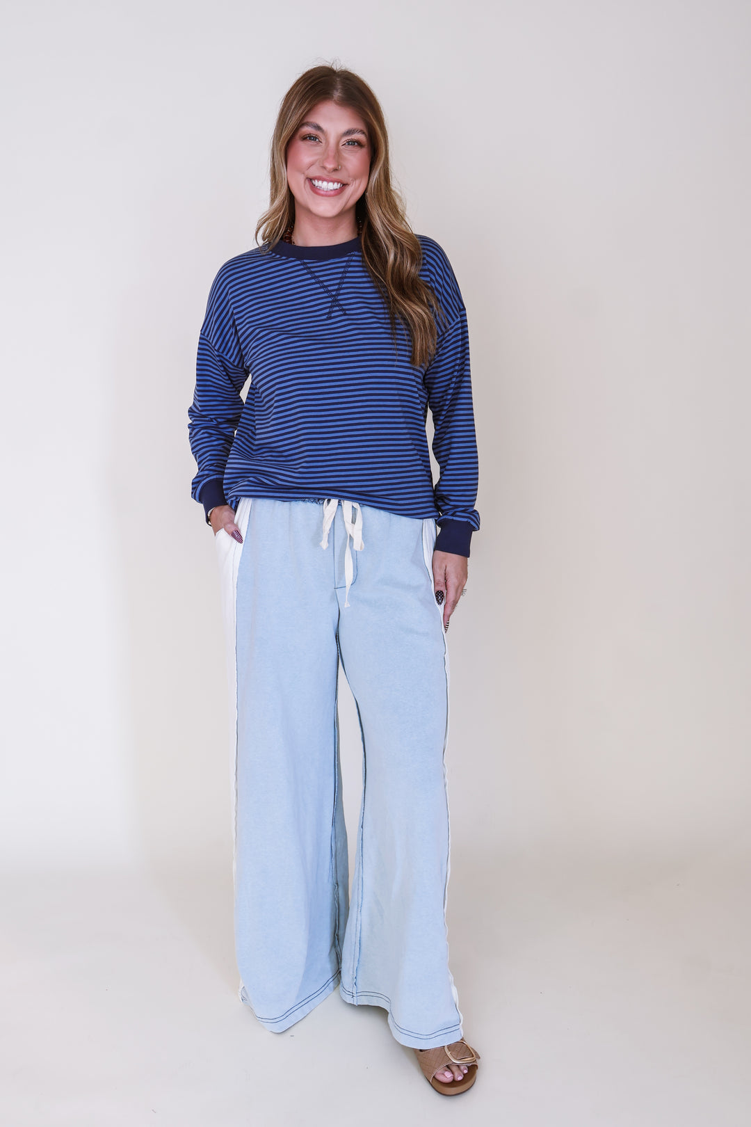 Color Block Denim Drawstring Pants