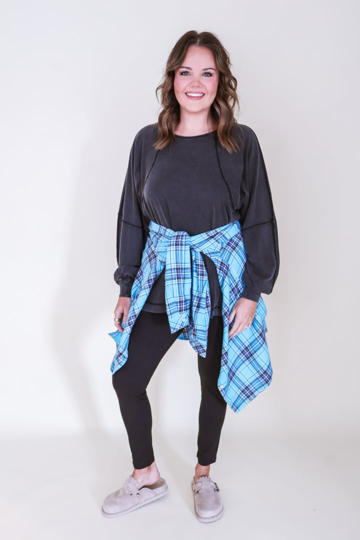 Oversized Plaid Button Down Shirt - Sky