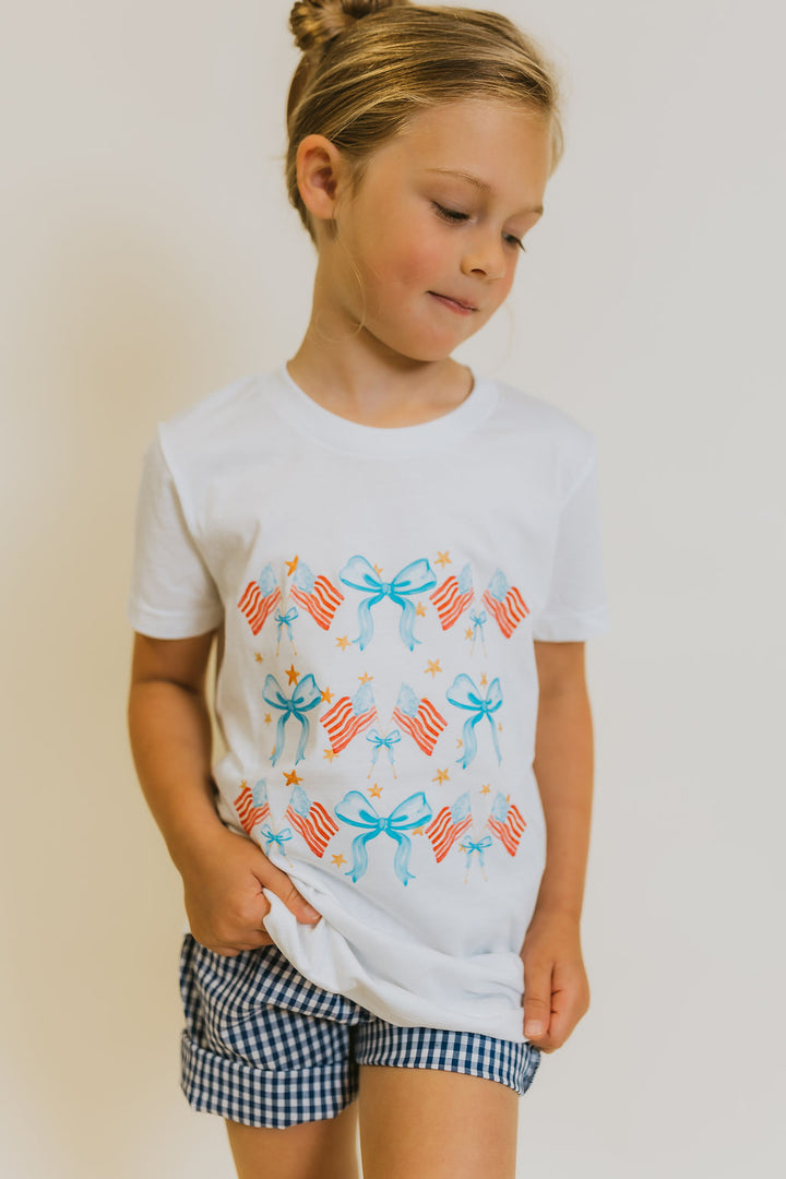 Kids USA Flag Bow Tee - White