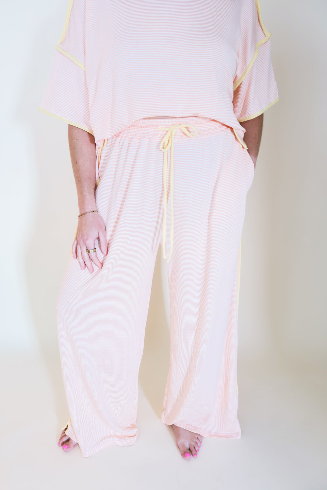 Contrast Binding Striped Wide-Leg Pants - Orange