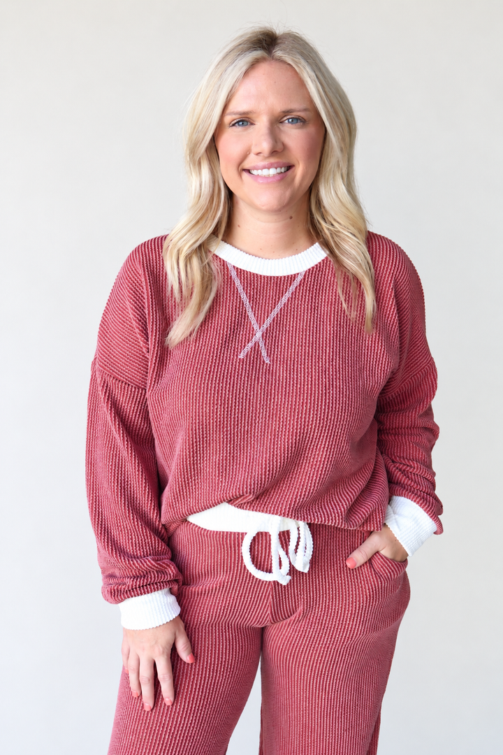 Raised Rib Round Neck Pullover & Pants Set - Rust