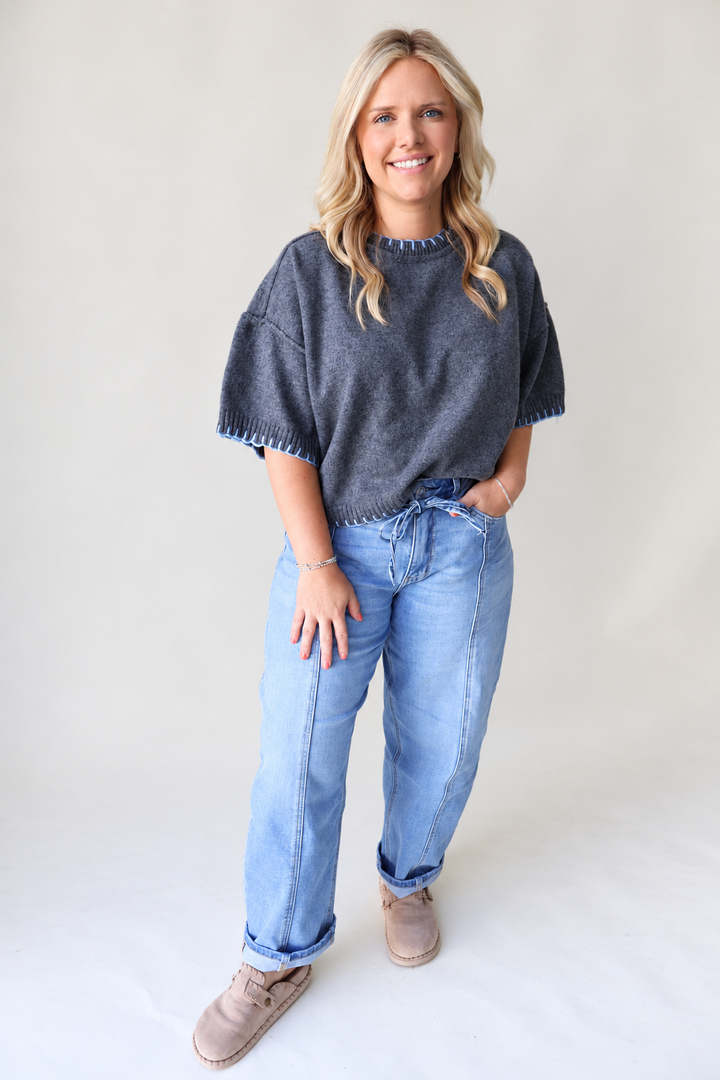 Contrast Blanket Stitch Mock Neck Short Sleeve Sweater - Charcoal