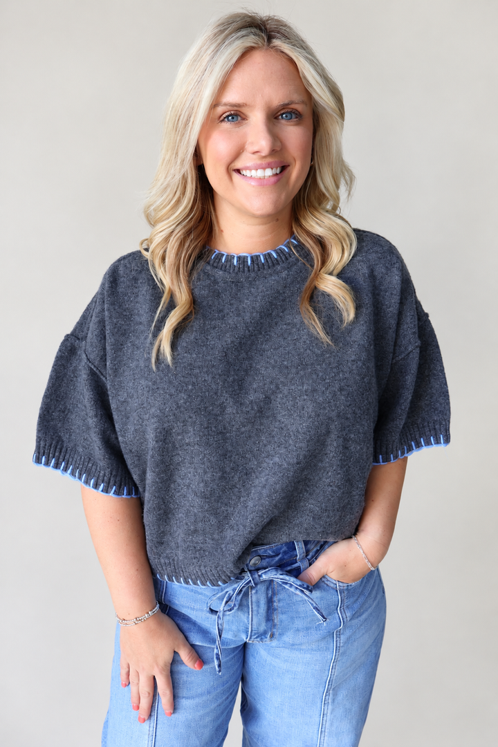 Contrast Blanket Stitch Mock Neck Short Sleeve Sweater - Charcoal