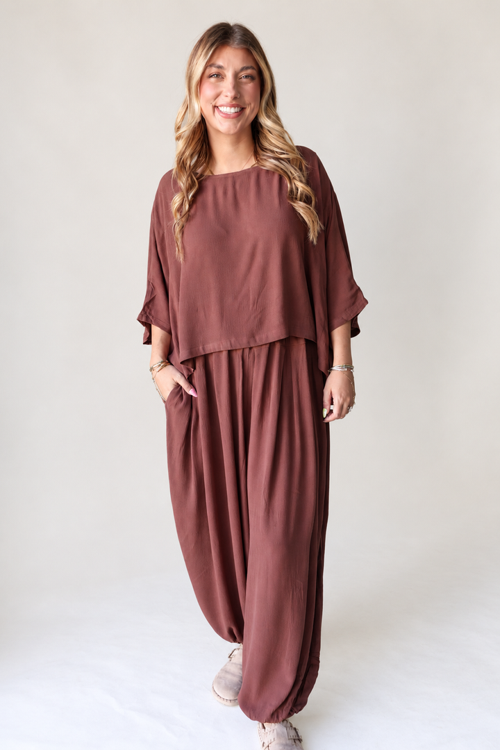 Boho Oversized Dolman Top & Balloon Leg Pants Set - Hazelnut