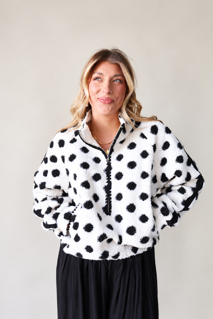 Polka Dot Fleece Crochet-Trim Half-Zip Pullover Jacket