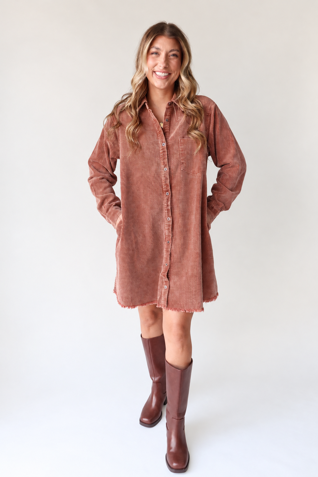 Rustic Corduroy Button Down Dress – Camel