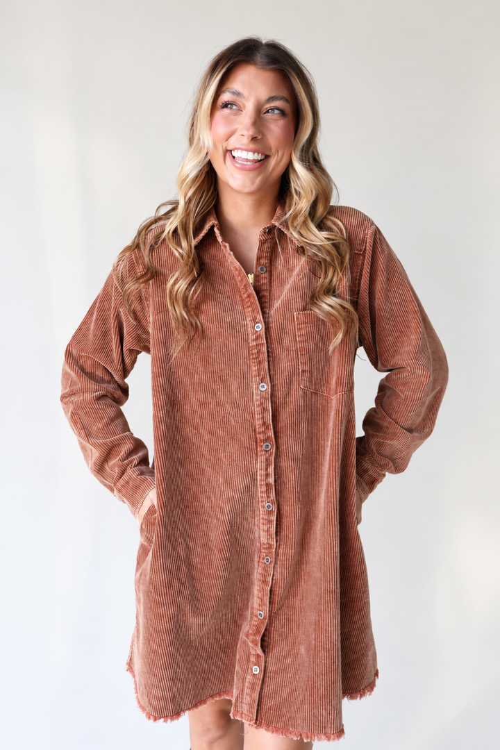 Rustic Corduroy Button Down Dress – Camel