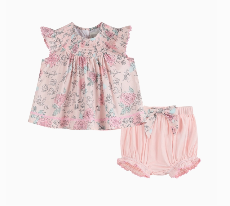 Pink Rose Smocked Top and Bloomer Set