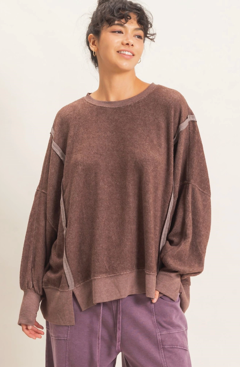 Oversized Raw Edge Sweatshirt - Dark Brown